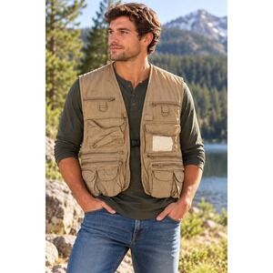 VTG Crystal River Fly Fishing Vest Khaki Multi Pocket Utility Gorpcore Mens XL